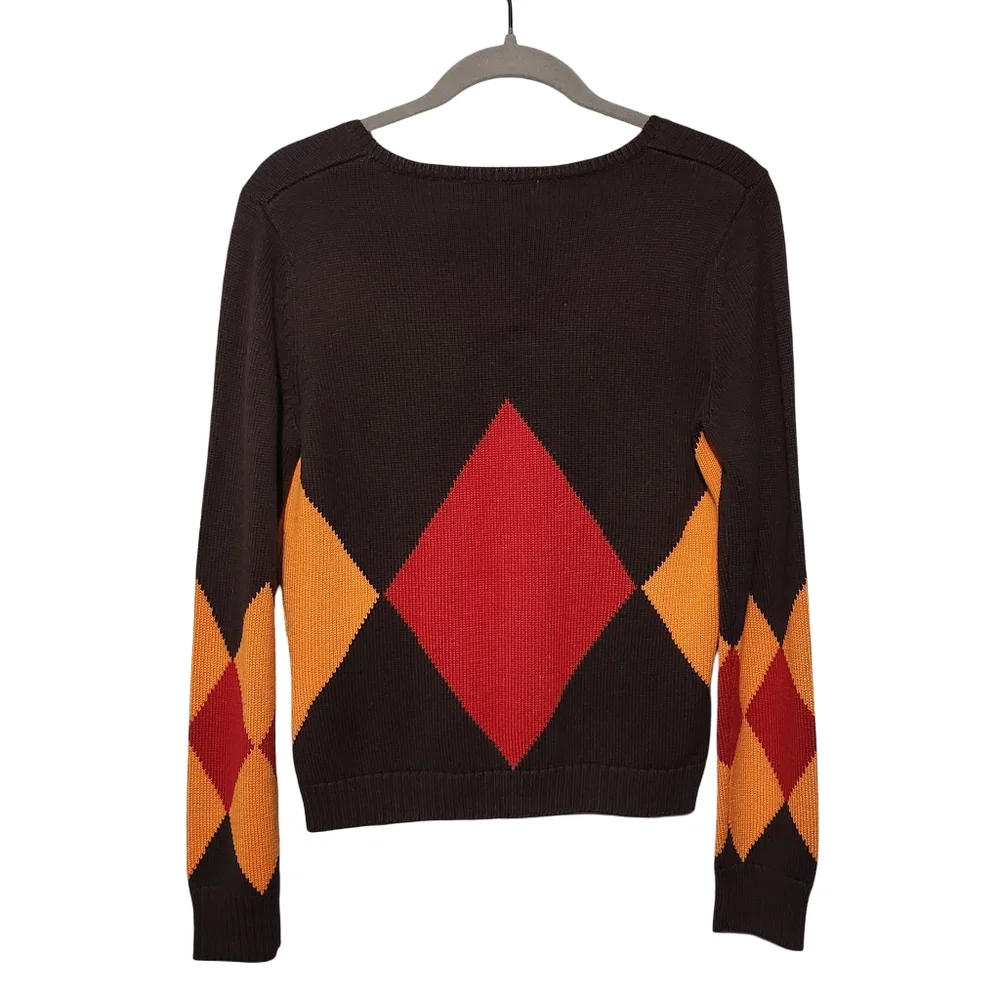 OLD NAVY Sweater Womens Large Brown Argyle Diamond Knit V Neck Y2K Preppy Retro - Picture 3 of 9